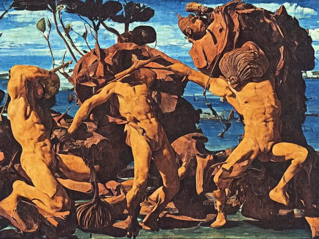 Prompt: Men fighting in the muck, African painted god, mask, sculpture, Henri Moore giant, blue eyed, looking from the water conch. Boulders of marbled rocks, spiked, wings. Painting by Caravaggio, Rene Magritte, Moebius, Jean Delville, Max Ernst, Maria Sybilla Merian