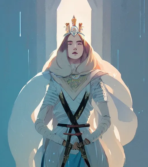 Prompt: portrait of a female sword immortal queen in amazing dress 汉 服 by atey ghailan, by greg rutkowski, by greg tocchini, by james gilleard, by joe fenton, by kaethe butcher, dynamic lighting, gradient light blue, brown, blonde cream and white color scheme, grunge aesthetic