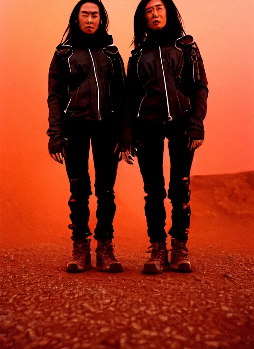 Prompt: cinestill 5 0 d photographic portrait of two loving clones, women wearing rugged black techwear on a desolate plain with a red sky, closeup, diverse species, cyberpunk, in front of a brutalist dark metal facility, dust storm, 3 5 mm, 8 k, depth of field, high resolution, ultra realistic faces