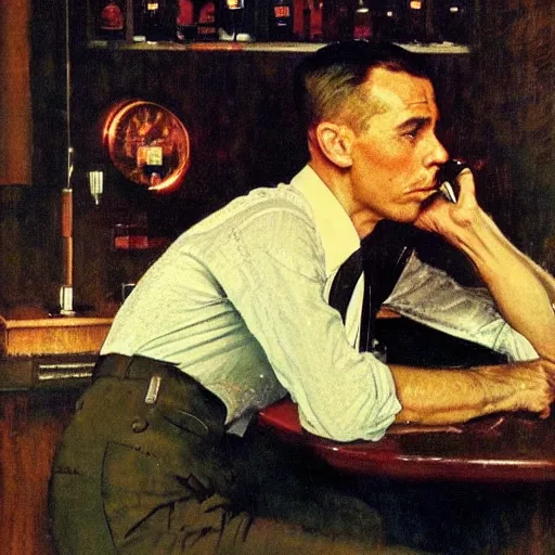 Image similar to a portrait of a man in the 1 9 6 0 s drinking alone in a bar late at night, by norman rockwell