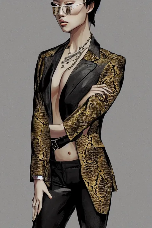 Image similar to yakuza slim girl, gold suit jacket in snake print, jacket over bare torso, yakuza tattoo on body, black short curtain haircut, black leather pants with black belt, portrait, elegant, 2d, ultra highly detailed, digital painting, smooth, sharp focus, artstation, art by Ilya Kuvshinov, rossdraws