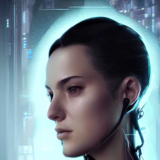 Image similar to portrait of a cyberpunk girl with a vector grid of light falling on her face, sci-fi, intricate lighting, elegant female, highly detailed, digital painting, studio portrait, artstation, sharp focus, photo by artgerm and greg rutkowski and Charlie Bowater, subsurface scattering