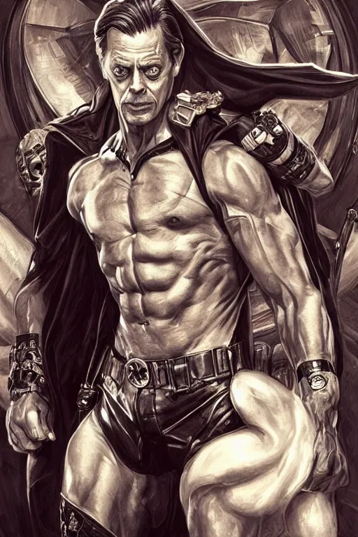 Image similar to Steve Buscemi as a hero in black leather shorts and batman head piece, drinking coffee with toddlers, amazing bodybuilder muscles, intricate, elegant, highly detailed, centered, digital painting, artstation, concept art, smooth, sharp focus, illustration, art by artgerm and donato giancola and Joseph Christian Leyendecker, Ross Tran, WLOP