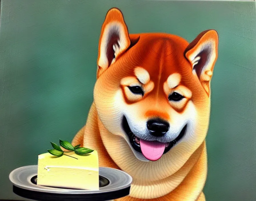 Prompt: a photorealistic painting of a shiba inu as a cheesecake, oil on canvas, highly detailed, pretty