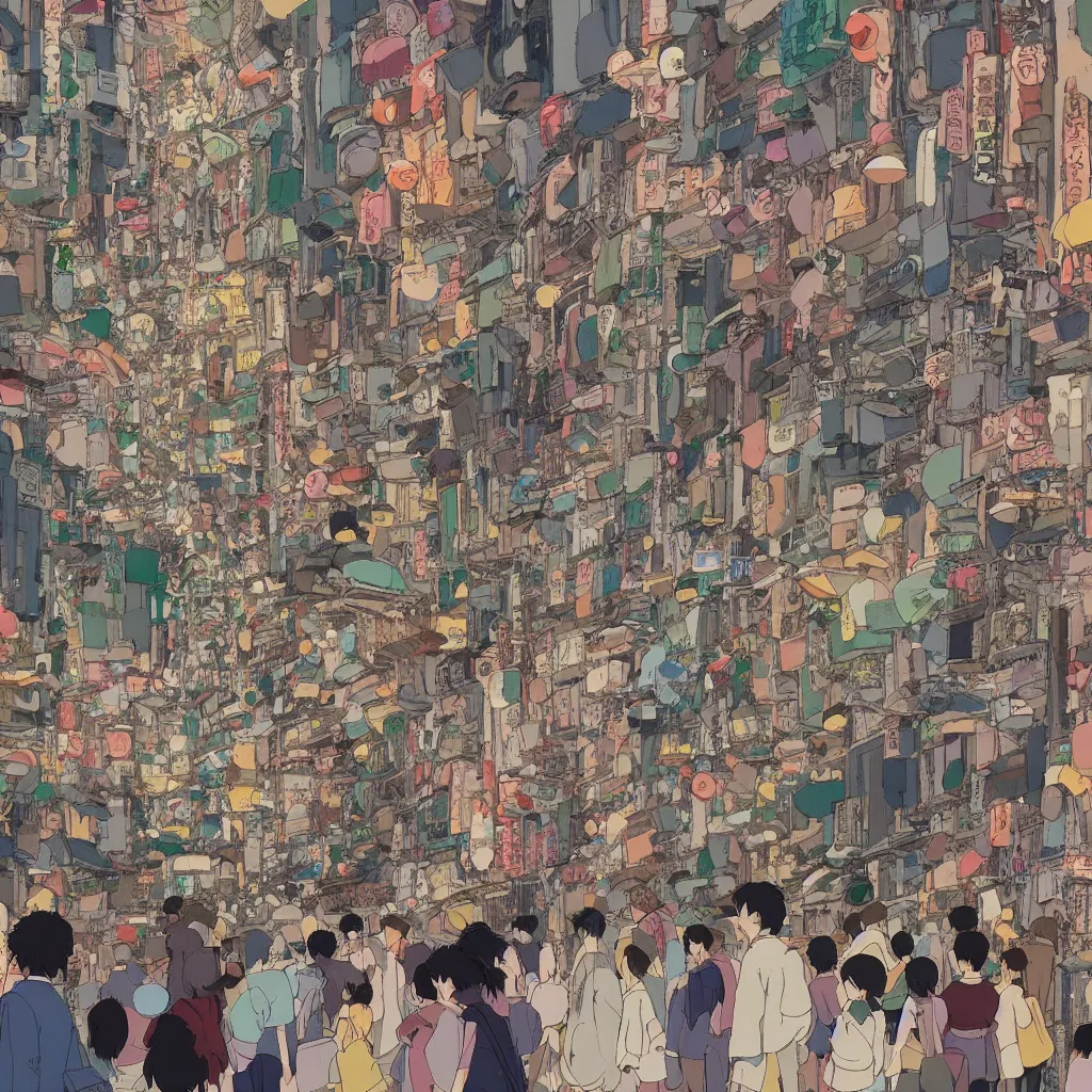Image similar to Still from Studio Ghibli movie 'Lost in Crowded Tokyo', very detailed, focused, colorful, artstation