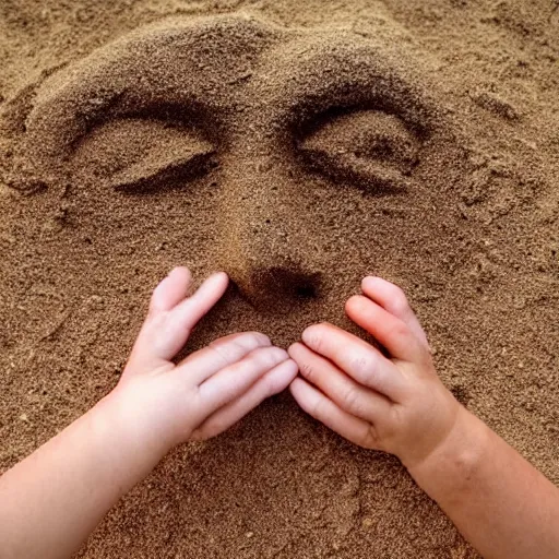 Prompt: a pair of hands holding a face made of sand