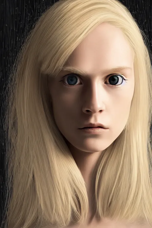 Image similar to robot with human face, female head, full body angle, woman human face, human face realistic, beautiful blonde hair, human head, human head with blonde hair, blonde hair human head, blonde hair, human realistic face, human head skin, cyborg frame concept, cyborg by ales-kotnik, sci-fi android female, the body is made of wires, robotic body, cyborg body, cyborg bust body, robot body cyborg, full body