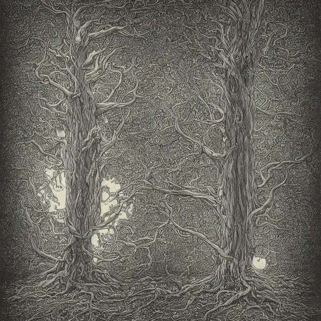 Image similar to tree of life, yggdrasil, moody lighting, by moebius, by laurie lipton