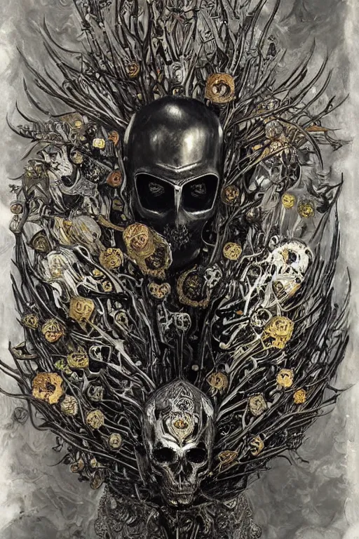 Prompt: The Knight of Bones by Karol Bak, Jean Deville, Gustav Klimt, and Vincent Van Gogh, portrait of a handsome vampire knight in armor, piercing grey eyes, ornate armor covered in thorns, bat wings, ornate dramatic bat wing helmet, mystic eye, otherworldly, skulls, fractal structures, arcane, inscribed runes, infernal relics, ornate gilded medieval icon, third eye, spirals