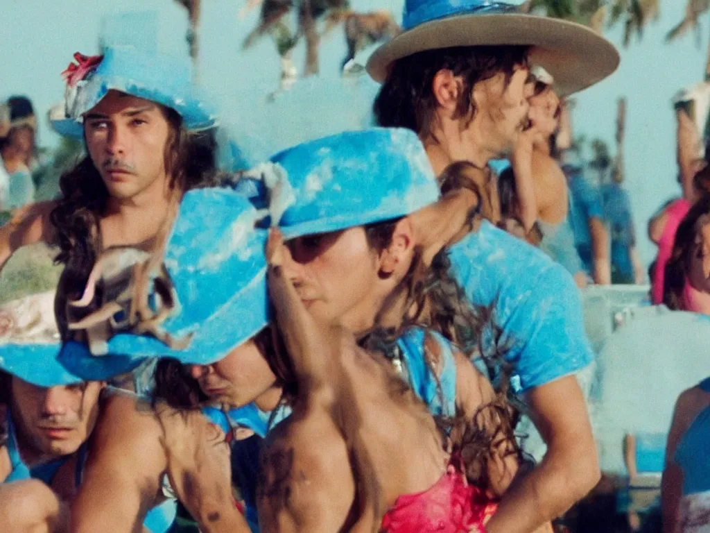 Image similar to Close up of mario in a hat in Harmony Korine Spring Breakers film aesthetic!!!