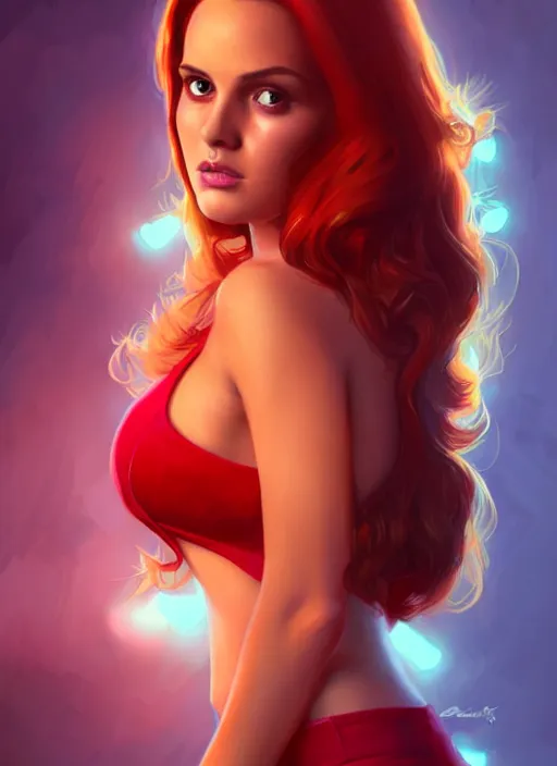 Image similar to full body portrait of teenage cheryl blossom, bangs, green eyes, mischievous expression, red hair, sultry smirk, bangs and wavy hair, intricate, elegant, glowing lights, highly detailed, digital painting, artstation, concept art, smooth, sharp focus, illustration, art by wlop, mars ravelo and greg rutkowski