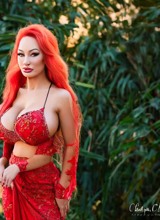 Image similar to portrait of lindsey pelas wearing kebaya with red hair, by charlotte grimm, natural light, detailed face, canon eos c 3 0 0, ƒ 1. 8, 3 5 mm, 8 k, medium - format print