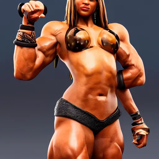 Image similar to a handsome bodybuilder viking girl with african american, clash royal style characters, unreal engine 5, octane render, detailed, cinematografic, cinema 4 d, artstation trending