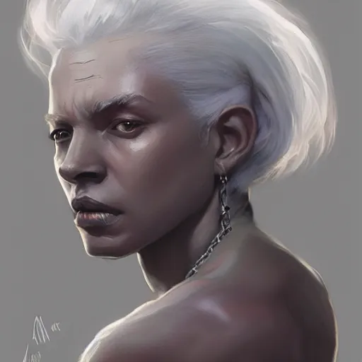 Image similar to black skin white hair wise immortal female wizard, realistic shaded lighting poster by craig mallismo, artgerm, jeremy lipkin and michael garmash, unreal engine, radiant light, detailed and intricate environment, digital art, art station trends