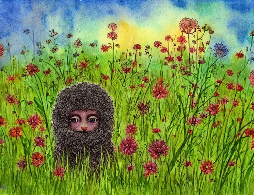 Prompt: feral chia pet in the meadow. russian fairytale art, watercolor, backlighting