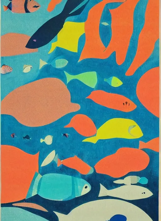 Prompt: a beautiful painting of a giant colorful coral reef filled with a school of fish on a white background by Sonia Delaunay, risograph print, paper cutouts, japanese woodblock by Steven Wiltshire and by Jean Giraud