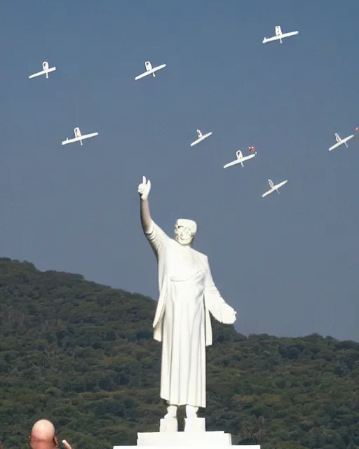 Prompt: a gigantic 1000 foot tall white marble statue of president Donald trump giving his thumbs up sign, dwarfs thousands of onlookers on a beach, as a fleet of Silver Flying saucers watch from above, cinematic