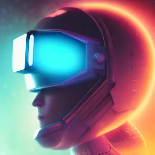 Image similar to cyberpunk astronaut bot, cinema 4 d, galaxy, ufo, space sci - fi, wearing vr goggles, illustration, portrait, pastel neon textured background night, trending on artstation, greg rutkowski, octane rendered, 1 2 k, detailed,