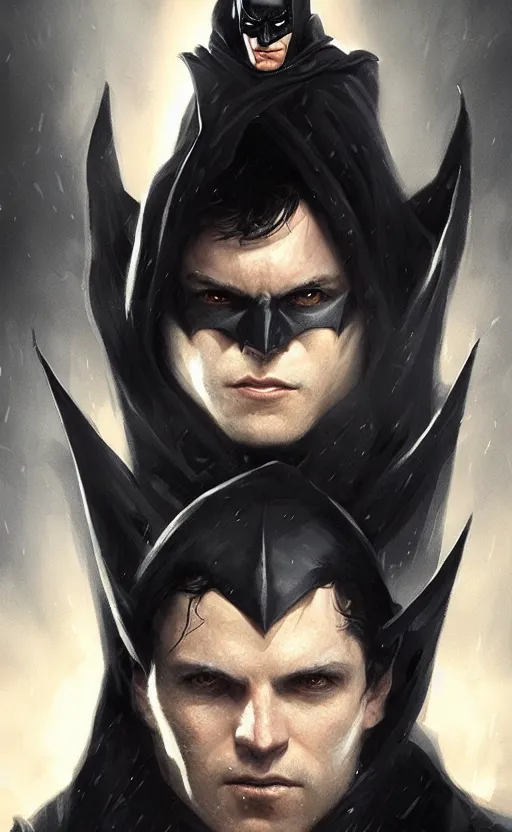 Prompt: Portrait of batman in a black cloak, black hair, glowing eyes, male, detailed face, fantasy, highly detailed, cinematic lighting, digital art painting by greg rutkowski