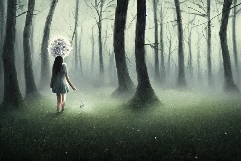 Image similar to giant white daisy flower head, girl walking in dark forest, surreal photography, dark night, stars, moon light, impressionist painting, clouds, digital painting, artstation, simon stalenhag