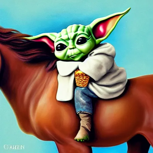 Prompt: baby yoda riding a horse and eating an ice cream