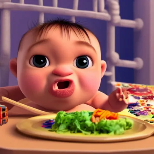 Prompt: baby savage inca eating, blond hairs, pixar style