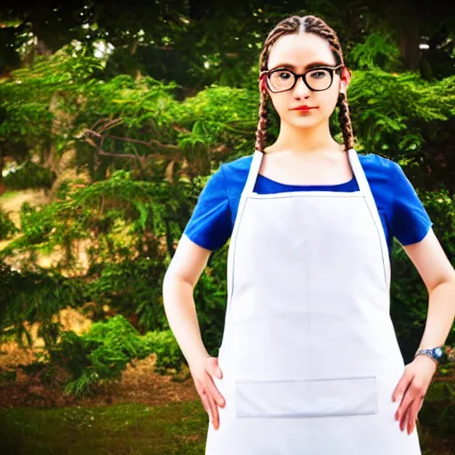 Prompt: a beautiful photo, full body portrait of a young woman with twin braids, wearing glasses and an apron standing in a park, symmetric and beautiful face, very detailed, William-Adolphe, trending on pixiv, photo taken with Sony a7R