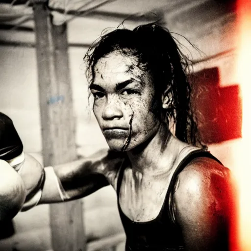 Image similar to close up portrait of woman boxer after boxing with brews blood sweating, photography photojournalism, very grainy image, 80mm lens, close up portrait polaroid