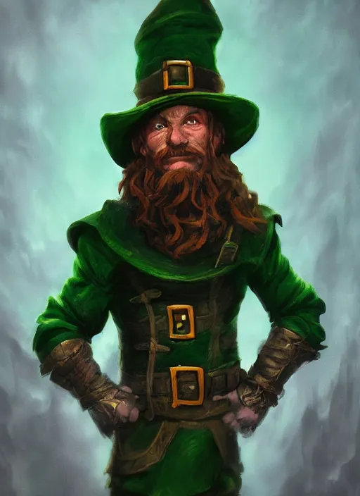 Image similar to A fantasy comic book style portrait painting of a leprechaun in a atmospheric dark dungeon, unreal 5, DAZ, hyperrealistic, octane render, RPG portrait, ambient light, dynamic lighting