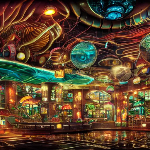 Prompt: undersea shopping center built from various sea shells, sea weed, light diffraction, steampunk, cyberpunk, warm lights, anime, vhs distortion