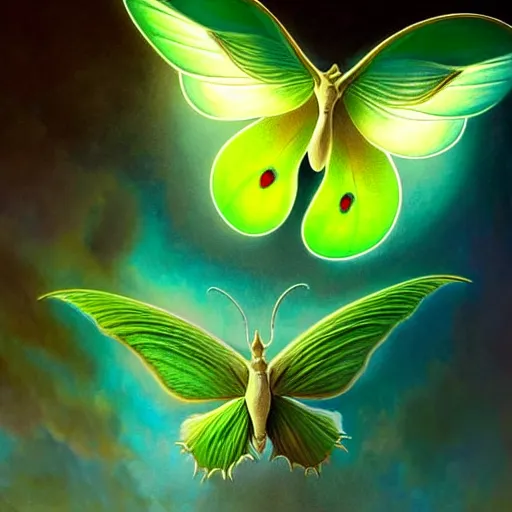 Image similar to luna moths backlit, uniquely beautiful, fantasy, intricate, elegant, dramatic lighting, emotionally evoking symbolic metaphor, highly detailed, lifelike, photorealistic, digital painting, artstation, concept art, smooth, sharp focus, illustration, art by John Collier and Albert Aublet and Krenz Cushart and Artem Demura and Alphonse Mucha