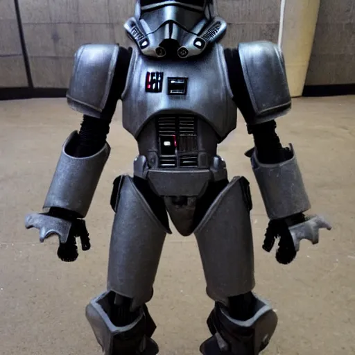 Image similar to huge power armor with servos from fallout in the style of star wars stormtrooper, realism, depth of field, focus on darth vader,