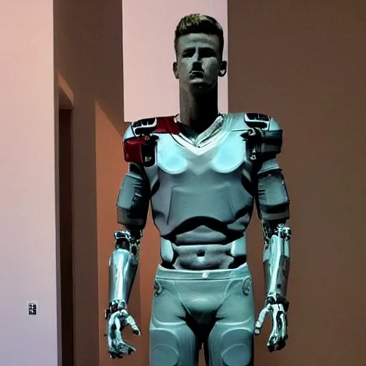 Image similar to “ a realistic detailed photo of a guy who is an attractive humanoid who is half robot and half humanoid, who is a male android, football player christian mccaffrey, shiny skin, posing like a statue, blank stare, at the museum, on display ”