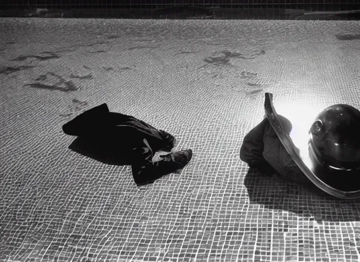 Prompt: welder in welding mask in swimming pool, by richard avedon, tri - x pan stock