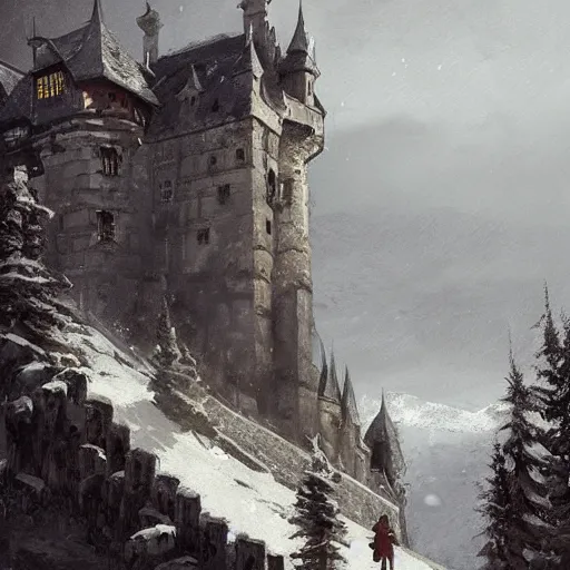 Prompt: large medieval castle on top of a mountain, artstation, jakub rozalski