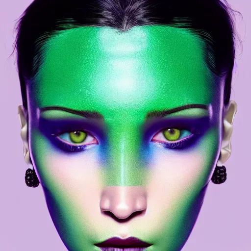 Image similar to bella hadid as a green alien, hyperrealistic, 4k, makeup, symmetrical face