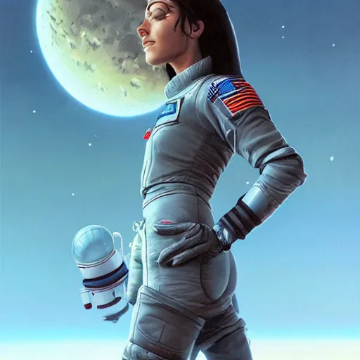Prompt: highly detailed painting, side view, lonely awkward brilliant female vampire women with long hair, in flight suit, space high school, science fiction, octane render, artstation, michael whelan, ron cobb, digital illustration -