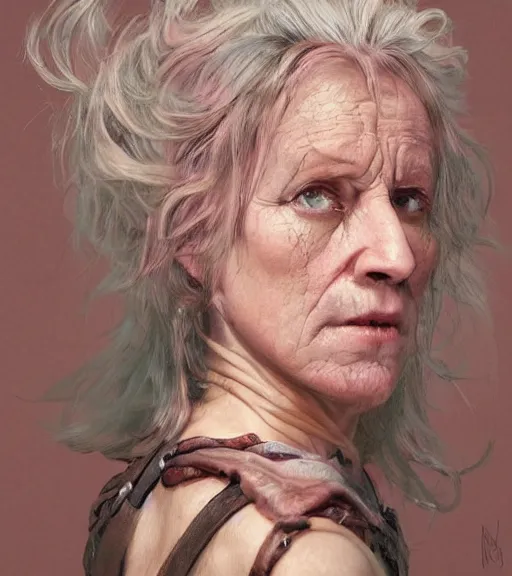 Image similar to full portrait of a hag, ugly woman, rough features, warts, long hook nose, muscular, half body, cloth, pink hair, d & d, fantasy, intricate, highly detailed, digital painting, artstation, concept art, smooth, sharp focus, illustration, art by artgerm and greg rutkowski and alphonse mucha