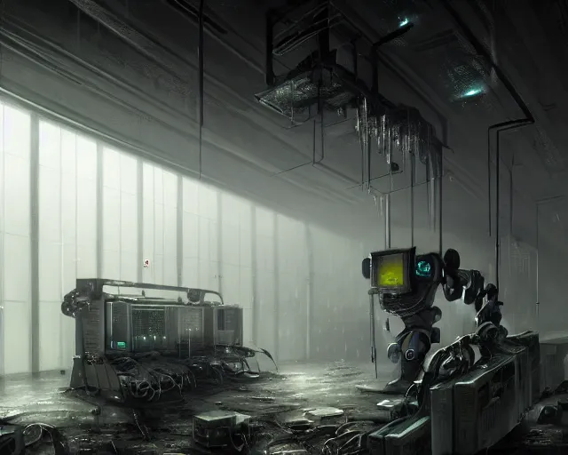 Prompt: gloomy ruined server room in datacenter painting concept art of robot knight colossus welder pacing mono eyed, sharp focus, emitting diodes, smoke, artillery, sparks,, computers, racks, motherboard, by pascal blanche rutkowski repin artstation hyperrealism detailed matte painting, 4 k resolution blade runner