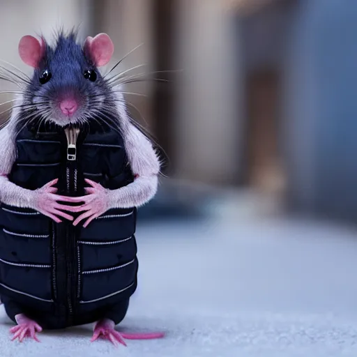 Prompt: a rat wearing a puffer vest, synthwave