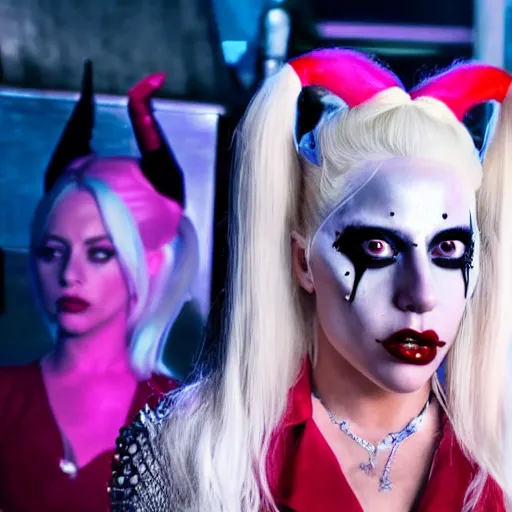 Prompt: Lady gaga as real-life Harley Quinn, cinematic, Wide-shot, atmospheric lighting, extreme detail, 8K, movie still