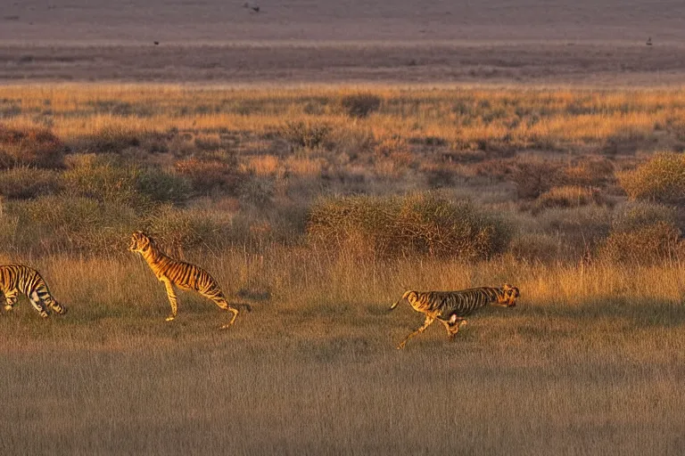 Image similar to tiger in the left, antelope in the right, the antelope is chasing the tiger, golden hour, 6 0 0 mm, wildlife photo, national geographics