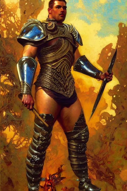 Image similar to attractive beefy male with armor, character design, colorful, afrofuturism, painting by gaston bussiere, craig mullins, j. c. leyendecker, tom of finland