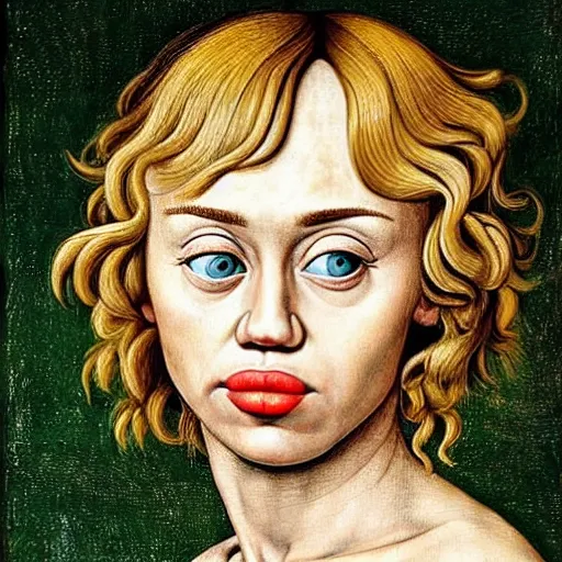 Prompt: miley cyrus as gollum, elegant portrait by sandro botticelli, detailed, symmetrical, intricate