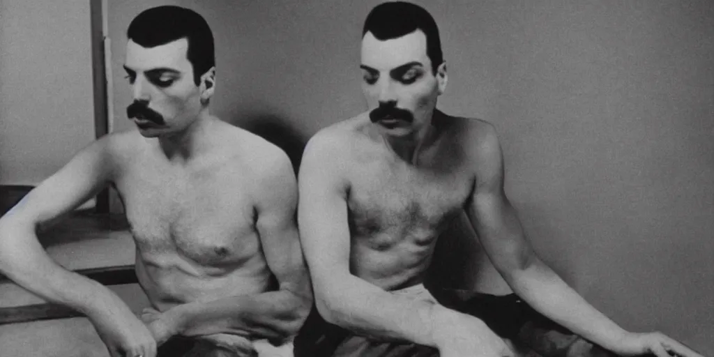 Prompt: freddie mercury sits in a russian prison, black and white photo, realism, 3 5 mm, good lighting