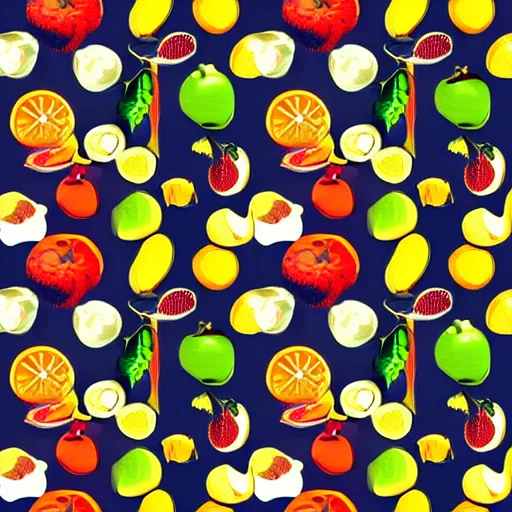 Image similar to repeating wallpaper pattern of fruit. Cinematic, volumetric lighting. Scene from 1971 film Willy Wonka & the Chocolate Factory