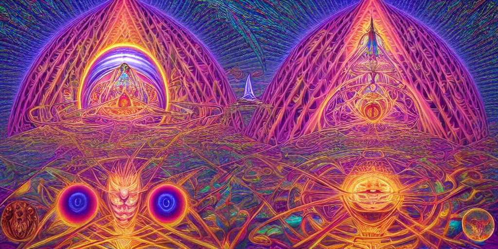 Prompt: dmt temple, sacred geometric buildings, time elves, 8 k resolution, ultra fine illustration, art by alex grey and tokio aoyama, highly detailed,