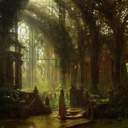 Prompt: a church made of trees and plants, druids, fantasy art, by greg rutkowski, by andreas achenbach,