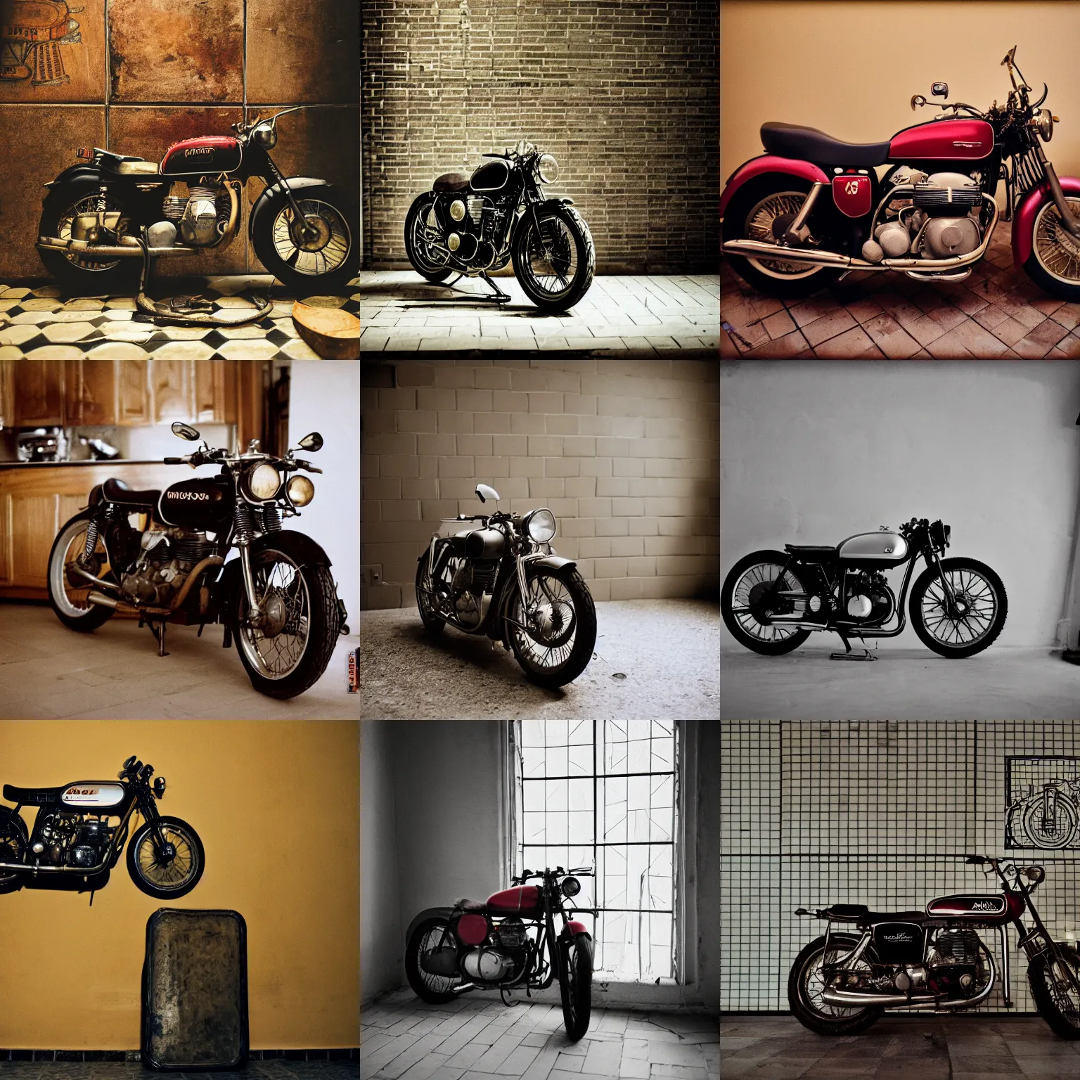 Prompt: a photograph of a shiny vintage motorbike in dark kitchen and a coridor with portugese tile on the floor, shot on film, 3 5 mm, cinematic