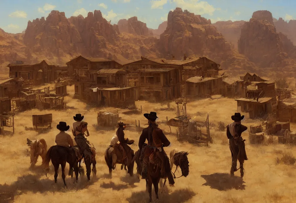 Image similar to greg manchess painting of a wild west abandoned town landscape with no person nor horse in the painting only buildings in the year 1 8 5 0, nobody living there, painting, trending on artstation, by huang guangjian and gil elvgren and sachin teng